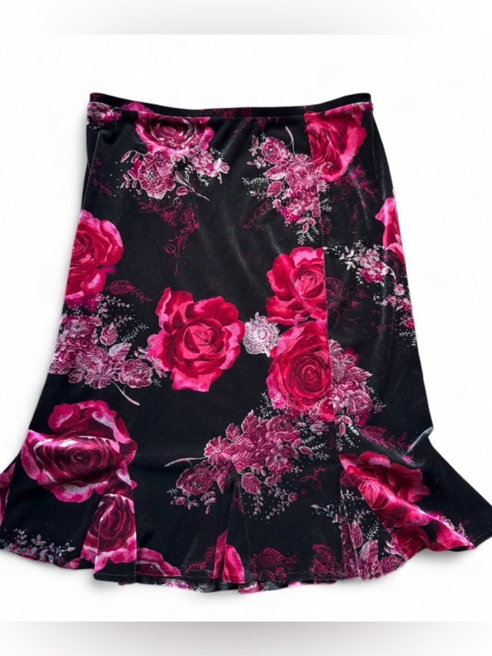 Vintage Express velvet goth black & pink floral  skirt with pink roses, size M